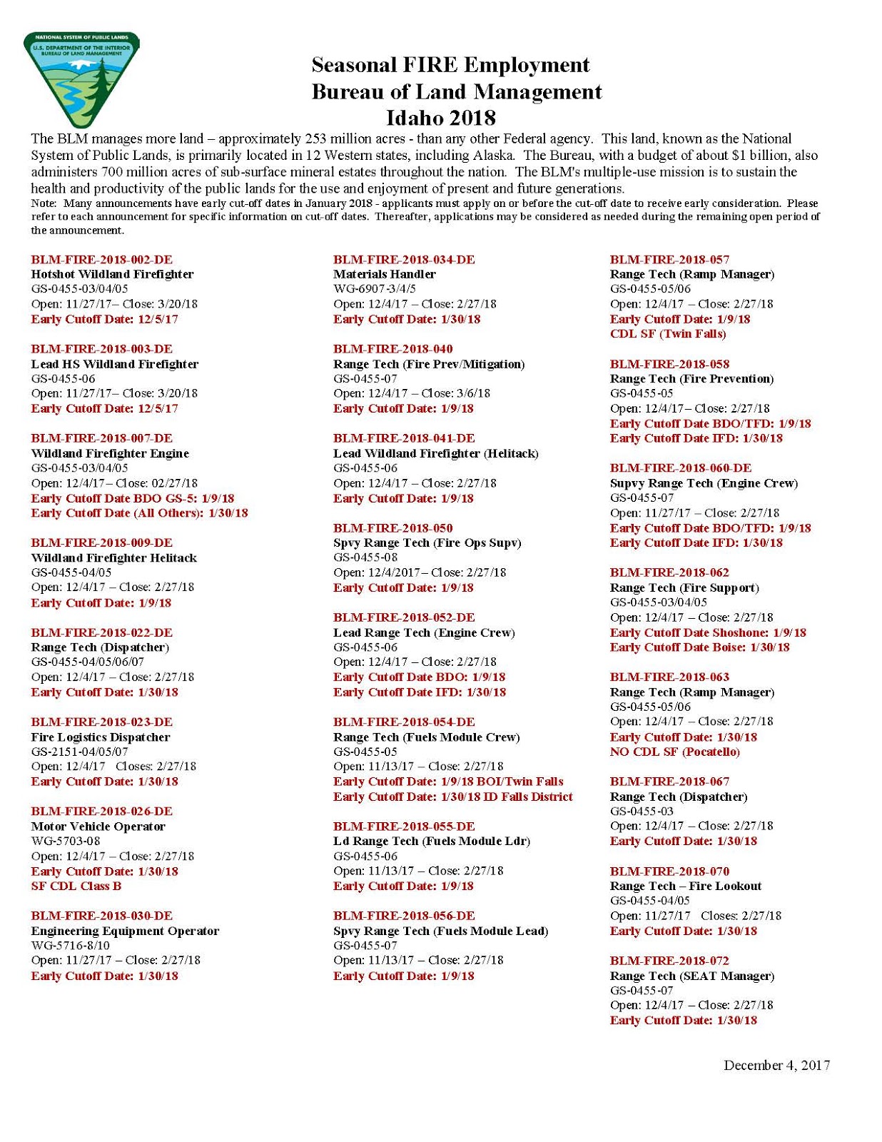 Idaho Fire Information Idaho BLM Hiring Seasonal Wildland Firefighters!