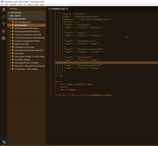 Azure Data Lake tools integrates with VSCode Data Lake Explorer and