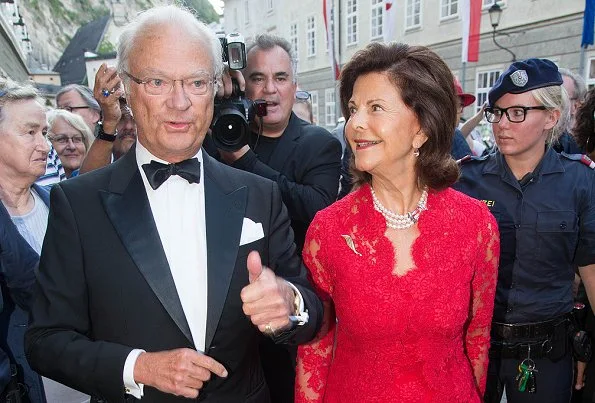 Queen Silvia of Sweden visiting the Opera Manon Lescaut by Giacomo Puccini during the Salzburg Festival in Salzburgi style, lace dress, fahions