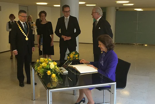 Queen Silvia and King Carl XVI Gustaf of Sweden attend a press conference at the Hanasaari Swedish-Finnish Cultural Centre in Espoo, Finland