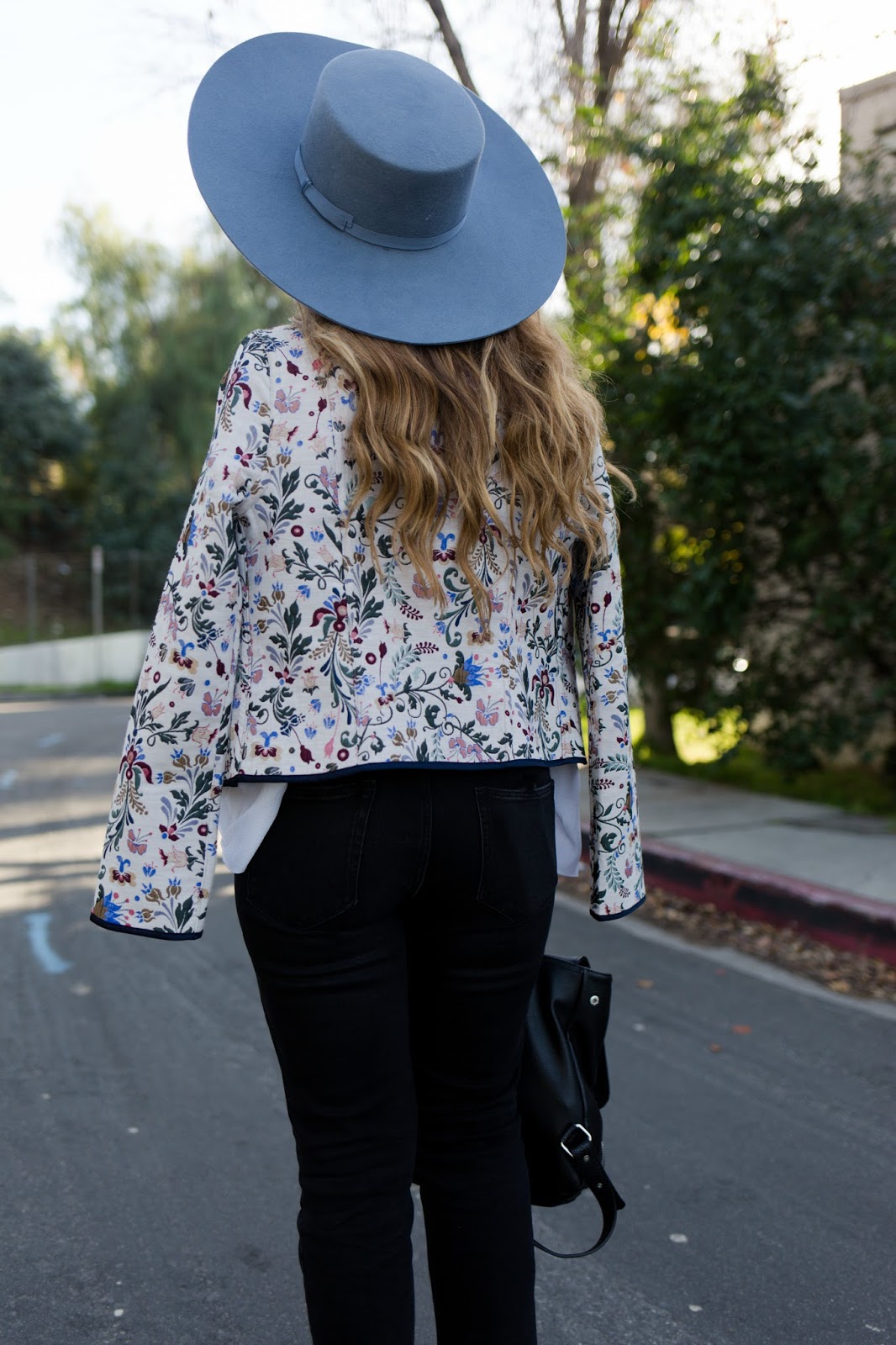 Stiletto Beats, new york and company, eva mendez, embroidered jacket, bell sleeve blouse, brixton hat, fringe jeans, los angeles blogger,