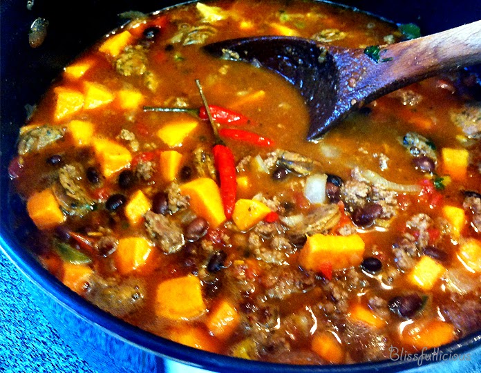 Blissfullicious Black Bean, Sweet Potato, Yam and Sausage Chili