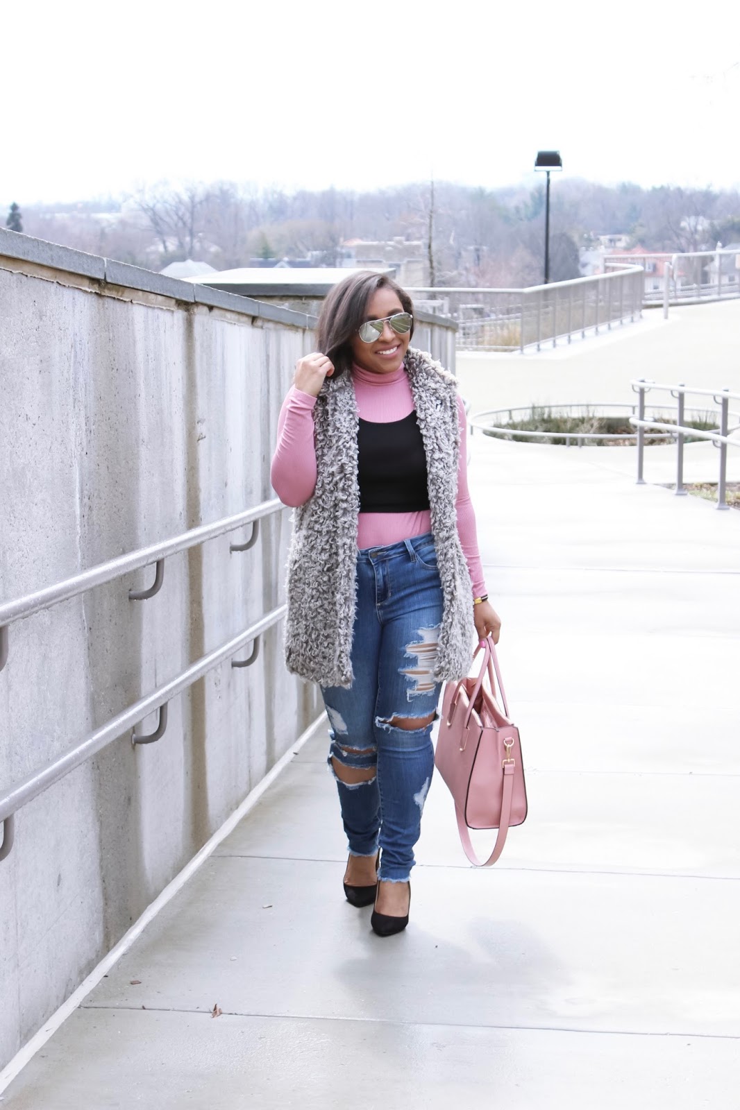 Layer Like A Pro, pink, grey fuzzy vest, spring layers, ripped denim, street style, mirrored sunglasses, pink purse, structured purse