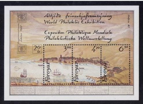 Faroe Islands 1987, HAFNIA 87 World Philatelic Exhibition, Copenhagen, 'East Bay of Torshavn' Watercolor from 1782, Lovely Fresh Miniature Sheet, Superb, Never Hinged Mint, Choice Quality! Scott 148,