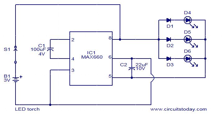 IC MAX660 based LED torch circuit - Electronic Circuit Collection