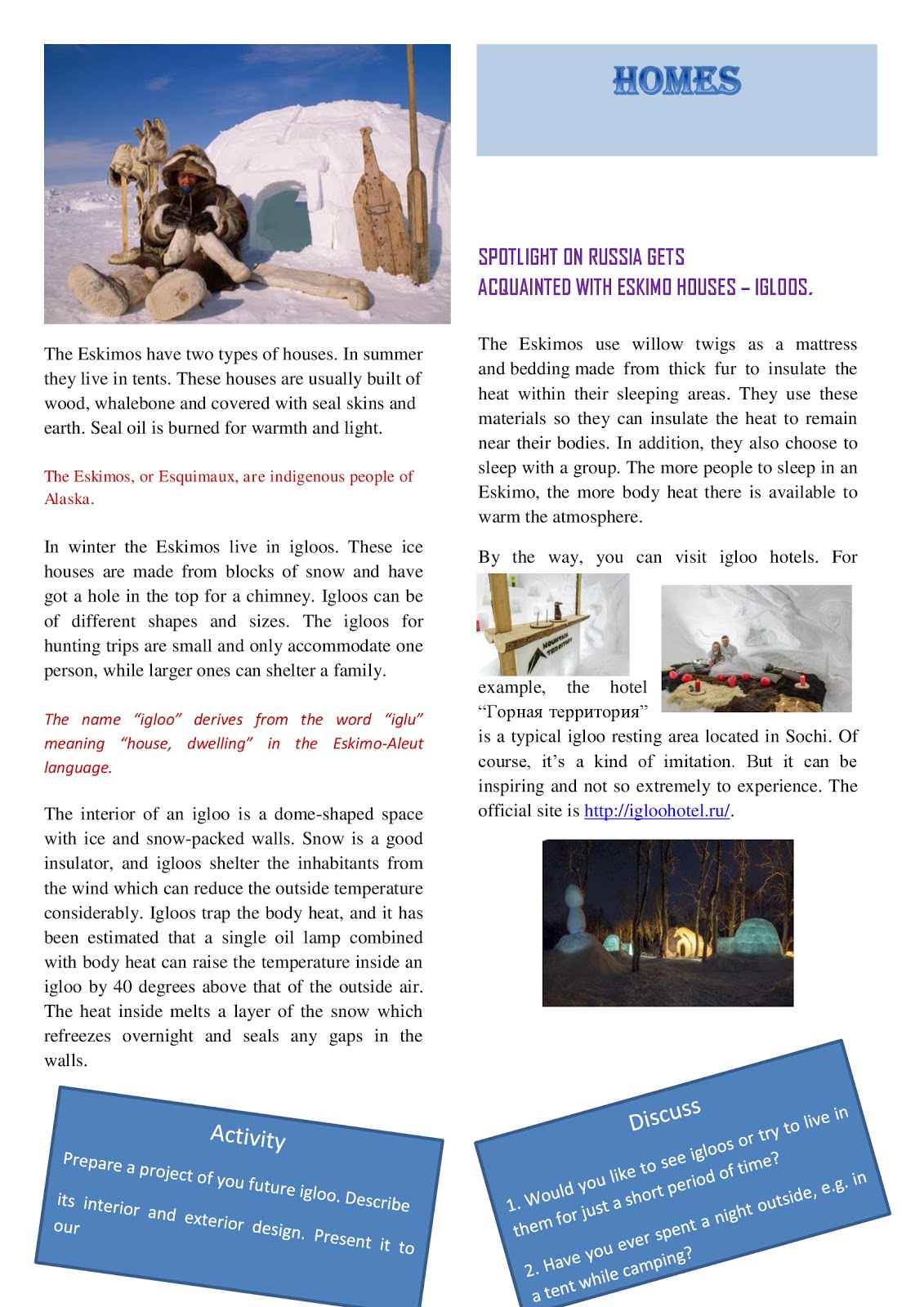 Spotlight on Russia Homes Eskimo houses igloos