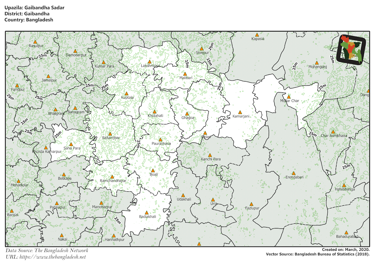 Gaibandha Sadar Upazila Elevation Map Gaibandha District Bangladesh