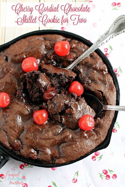 This ooey, gooey Cherry Cordial Chocolate Skillet Cookie is the perfect dessert for two.