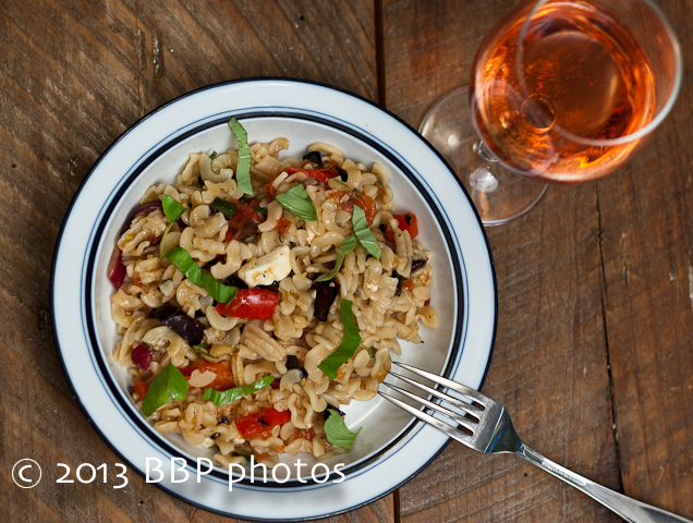 Grilled Ratatouille Pasta, plated, served with a lovely glass of Ros&eacute;