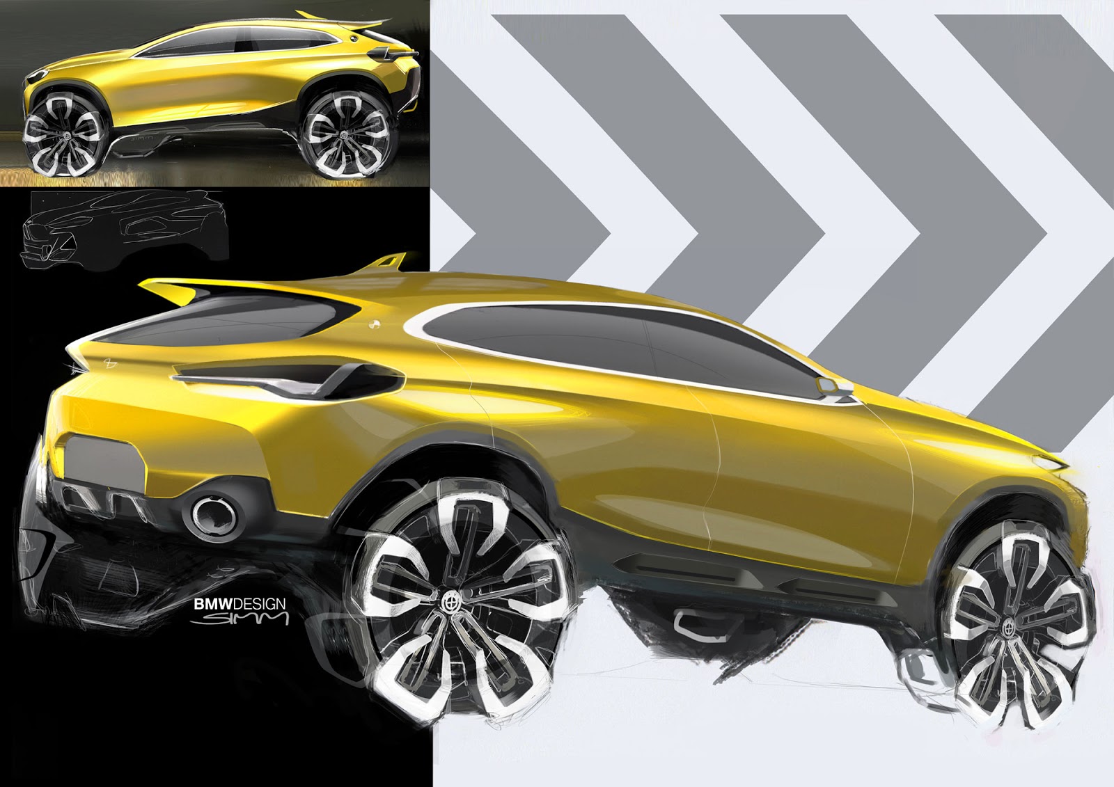 BMW X2 sketch by Sebastian Simm - rear quarter view in yellow