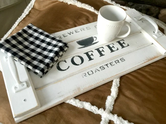 wooden tray with buffalo check napkin