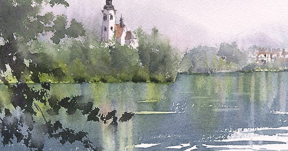 湖上の教会 水彩画を描く くどうさとし Watercolor