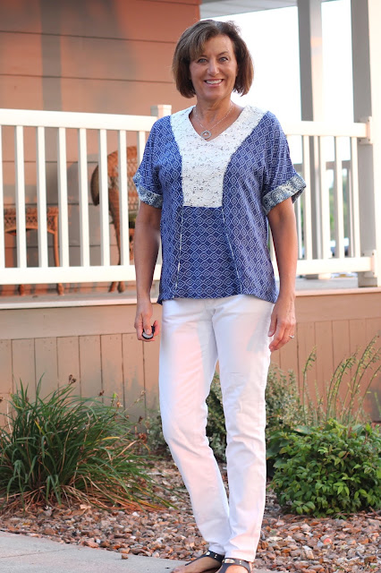 Indiesew pattern Tea House top by Sew House 7 using three fabrics and piping