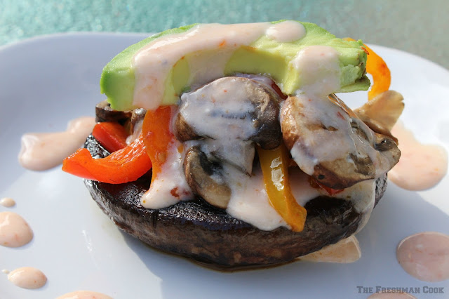 mushrooms, portobellos, peppers, drizzled with sauce, green onion, avocado