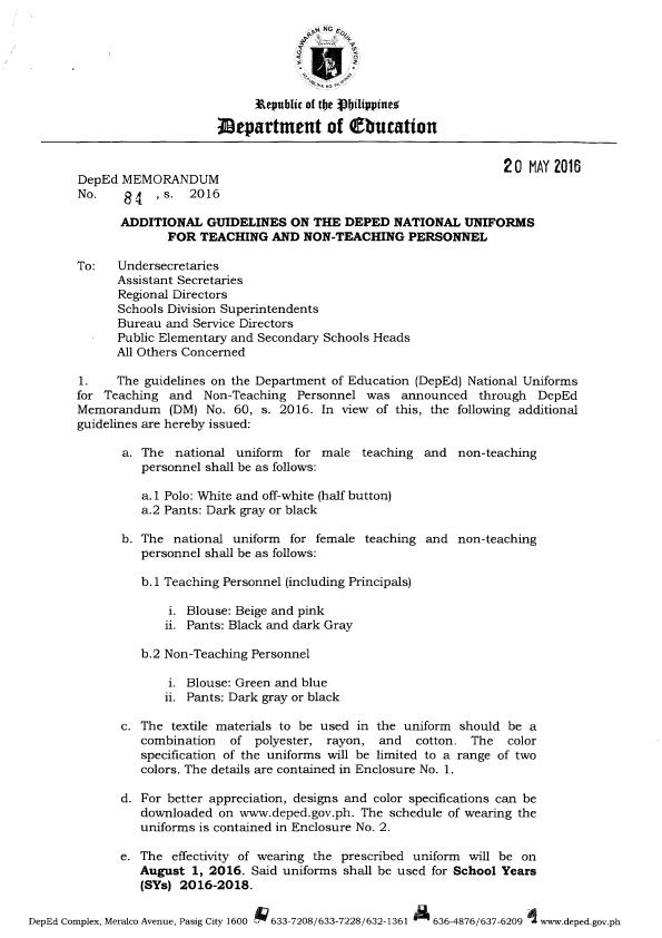 DepEd Memos, Orders & Results DM 84, s. 2016 DepEd National Uniforms