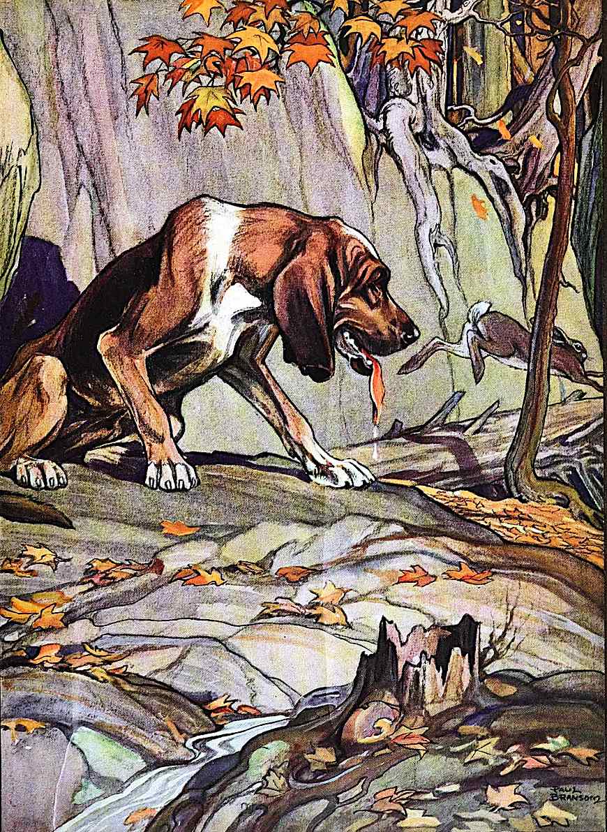 Paul Bransom a Paul Bransom color illustration of a rabbit escaping a dog