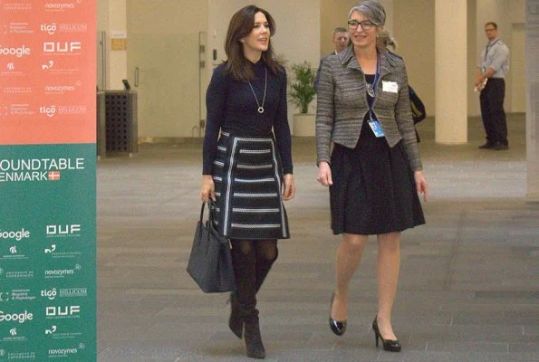 Danish Crown Princess Mary wore Chloé striped woven skirt, Prada suede boots