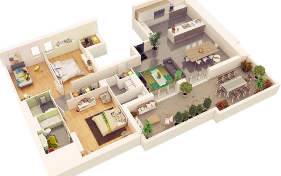 Denah Rumah Minimalis 3 Kamar Tidur 3D Denah Rumah Minimalis 3 Kamar Tidur 3D