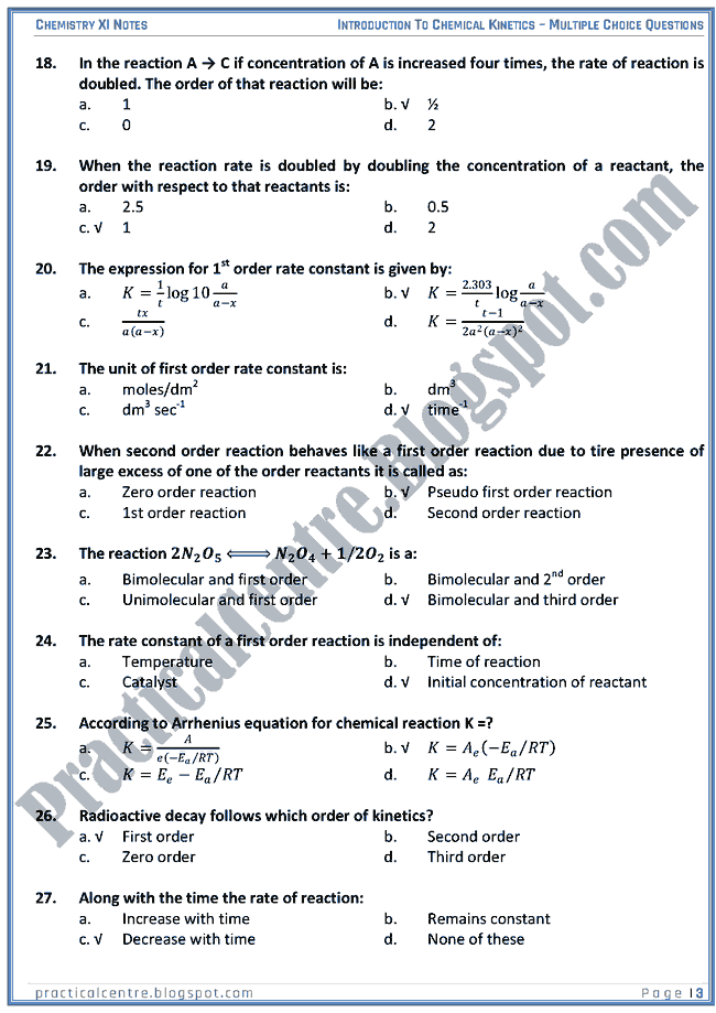 Introduction To Chemical Kinetics - MCQs - Chemistry XI