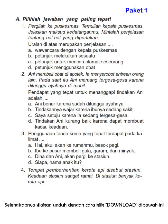 Soal bahasa indonesia kelas 3 sd semester 1 ktsp