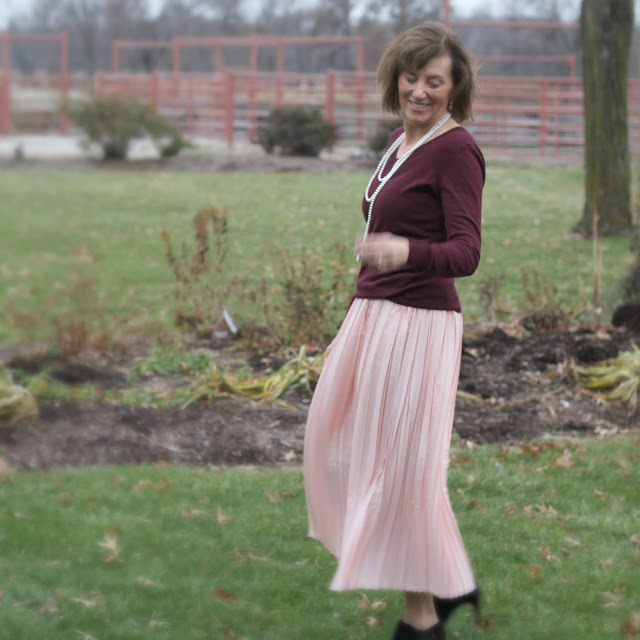 McCall's 7844 pleated skirt from Mood Fabrics' Blush Pleated Satin