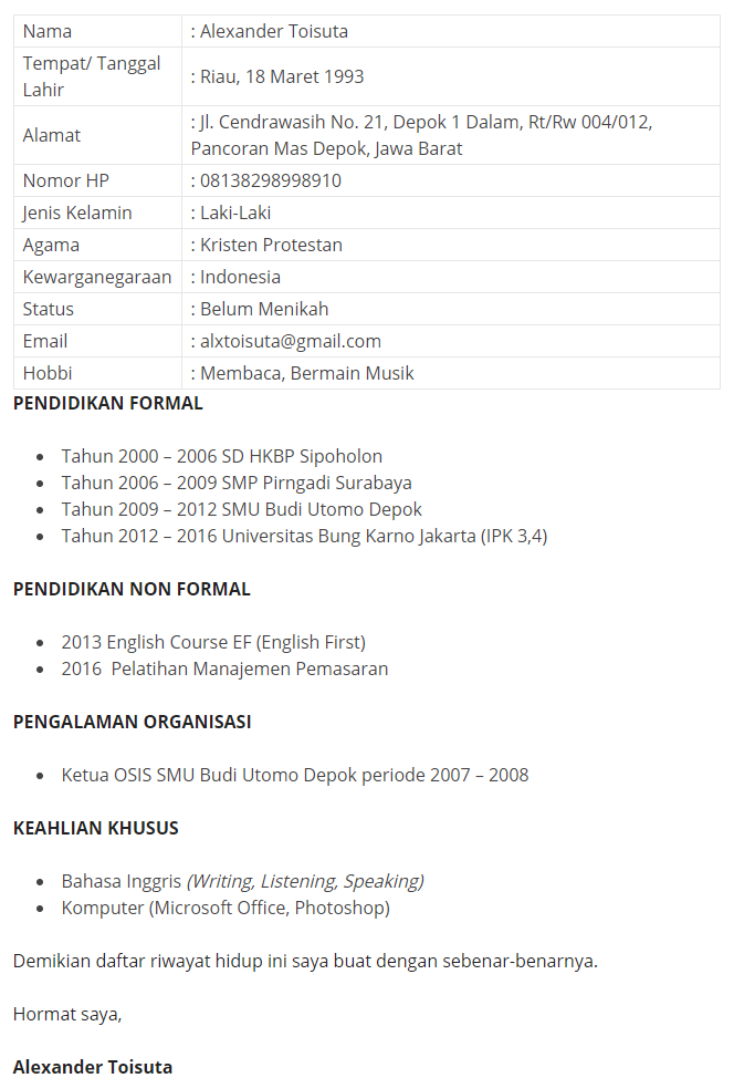 10 Contoh Cv Daftar Riwayat Hidup Inggris Indonesia