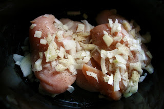 Chicken breast in the crockpot with sliced onion