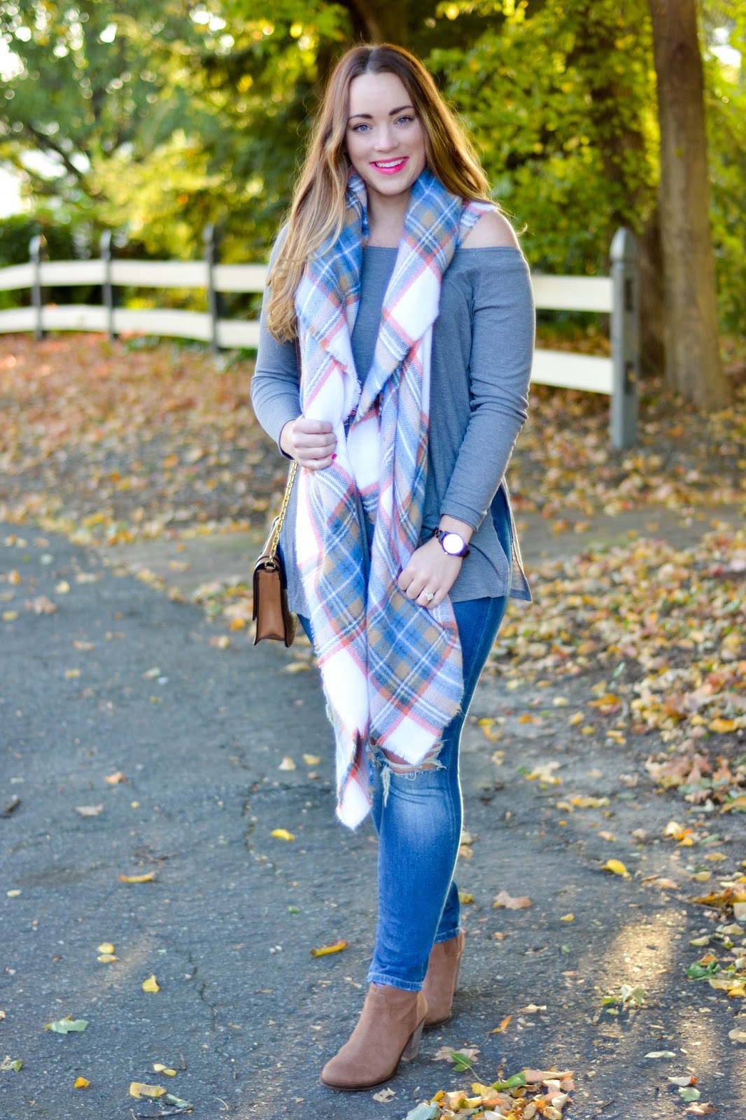 Off Shoulder Longsleeve + Plaid Blanketscarf | Brittany Ann Courtney