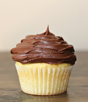 vanilla cupcake topped with fudge frosting swirl