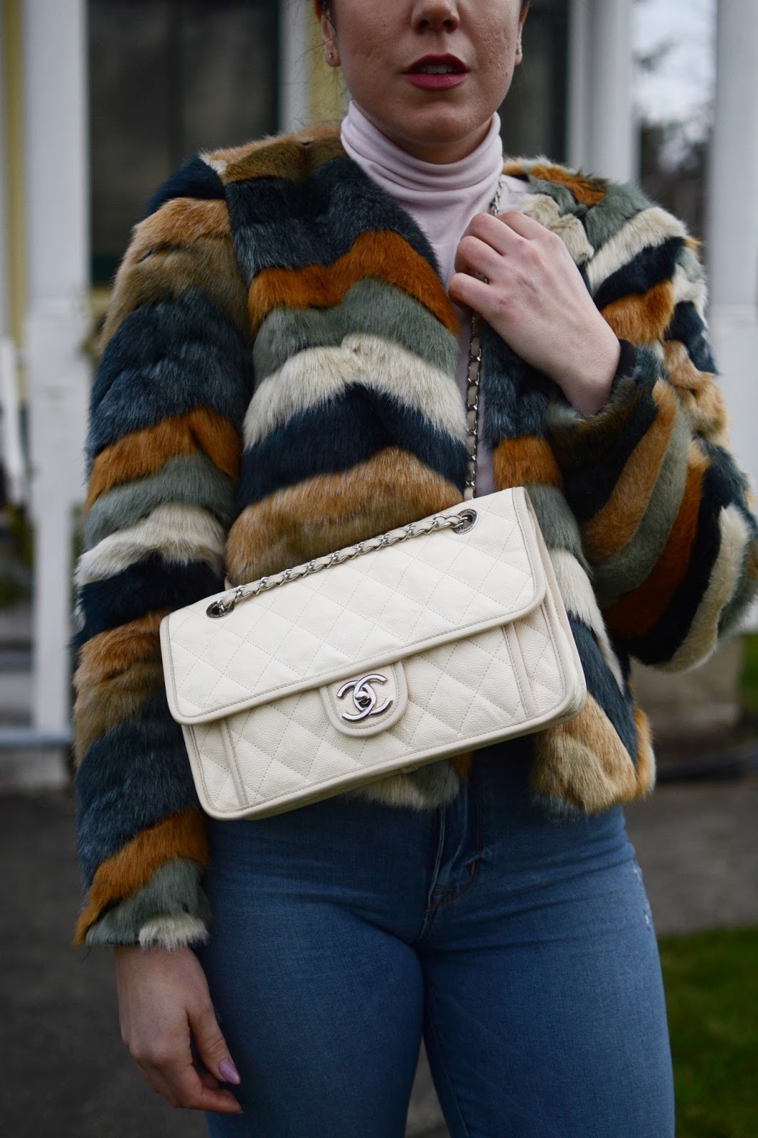 multicolor faux fur coat outfit hudson jeans m3de boots chanel french riviera bag vancouver fashion blogger