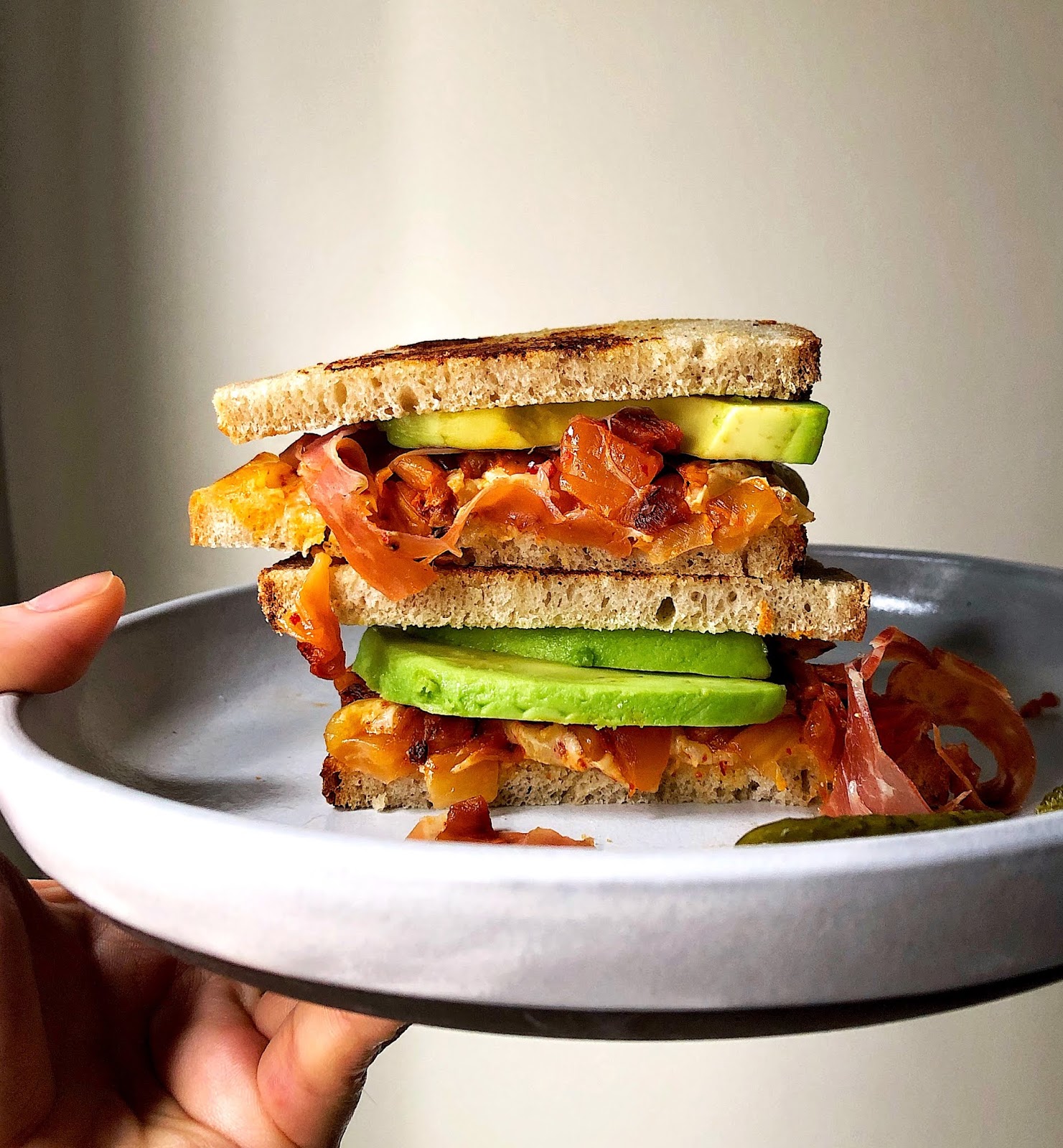 Miss Hangrypants Gouda Grilled KimCheese Sandwich with Avo and Prosciutto