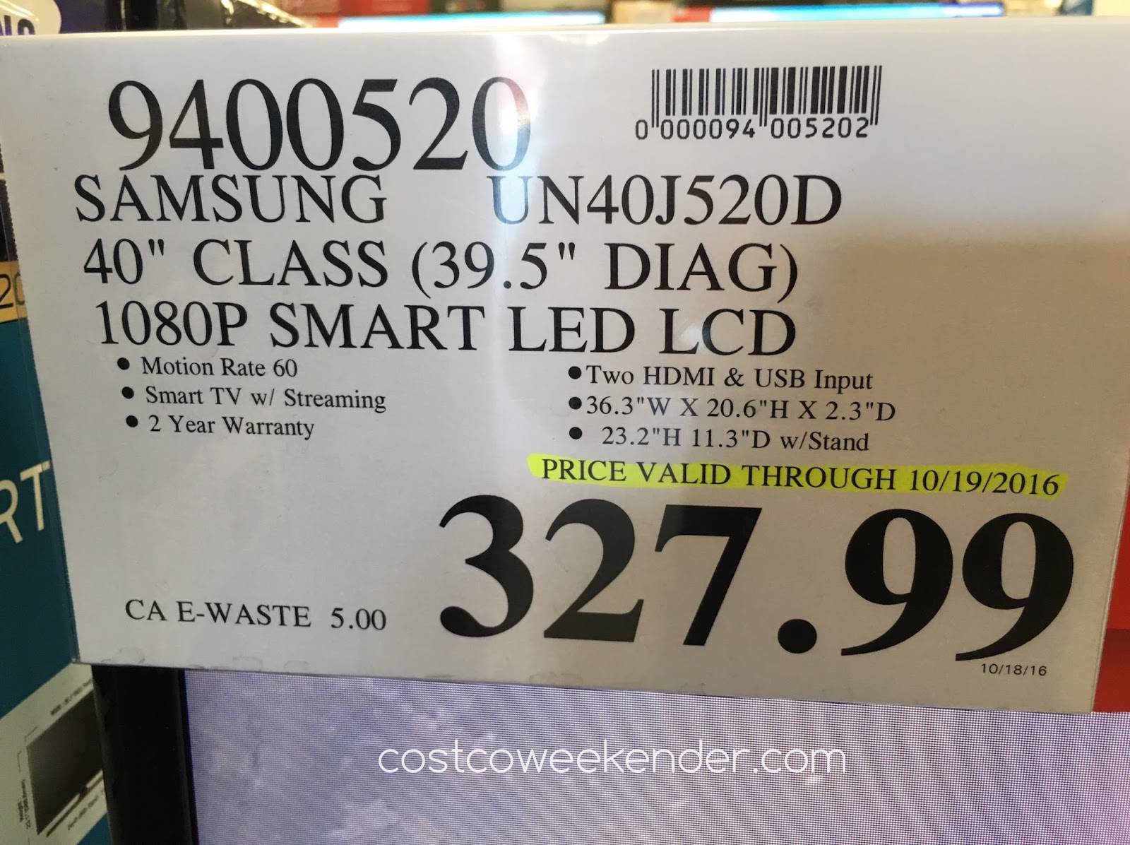 Samsung UN40J520D 40&quot; 1080p Smart LED LCD TV | Costco Weekender