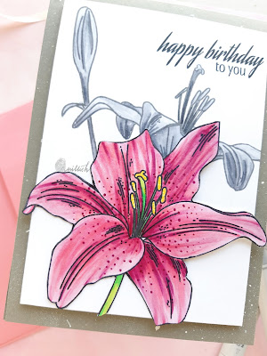 Uniko Pure florals Lily stamp, Uniko Lily card, Quillish, Colouring lily with Copics, cards by Ishani, floral card, birthday card