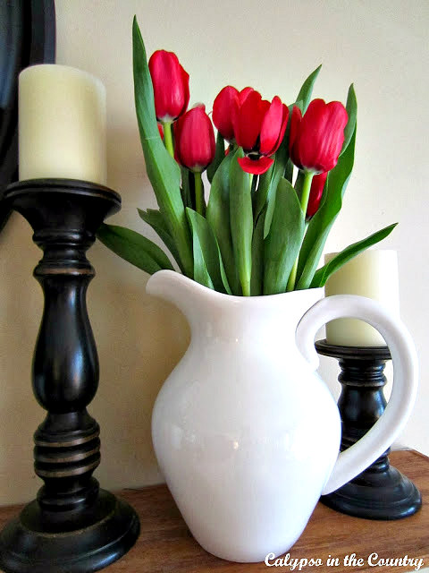 Red Tulips in White Pitcher