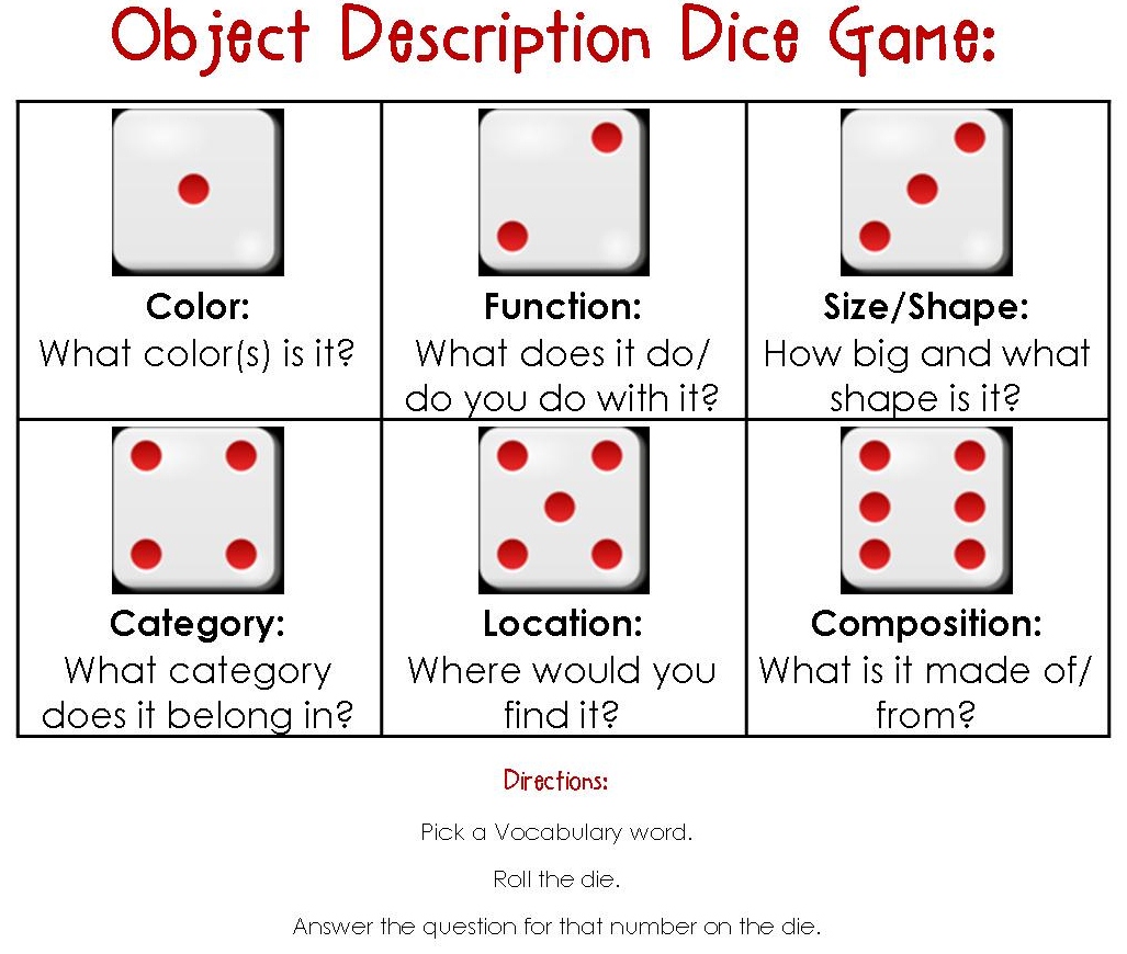 Object description. Vocabulary dice. Dice game activities. Dice game Vocabulary. Dice Worksheet.