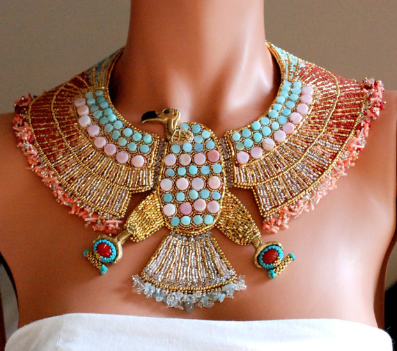 Vintage 80s Egyptian Themed Beaded Statement Necklace Mosaic in Resin