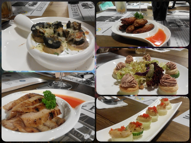 左上: 鮮蘑菇焗釀法式田螺 $62;
左下: 炭燒香辣豬頸肉 $48;
右上: 燒越式香茅雞中翼 $48;
右中: 鵝肝醬多士 $88;
右下: 白酒啫喱帶子 $85