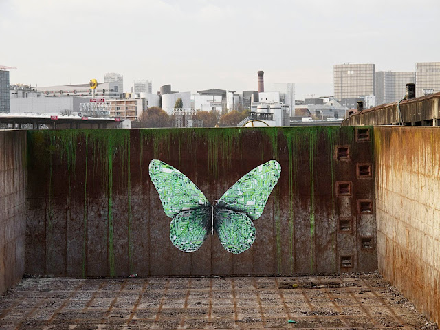 "e-Lepidoptera" New Street Piece by Parisian Urban Artist Ludo on the streets of Paris, France. 1