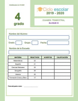 Examen Trimestral  Cuarto grado Bloque III  2020-2021