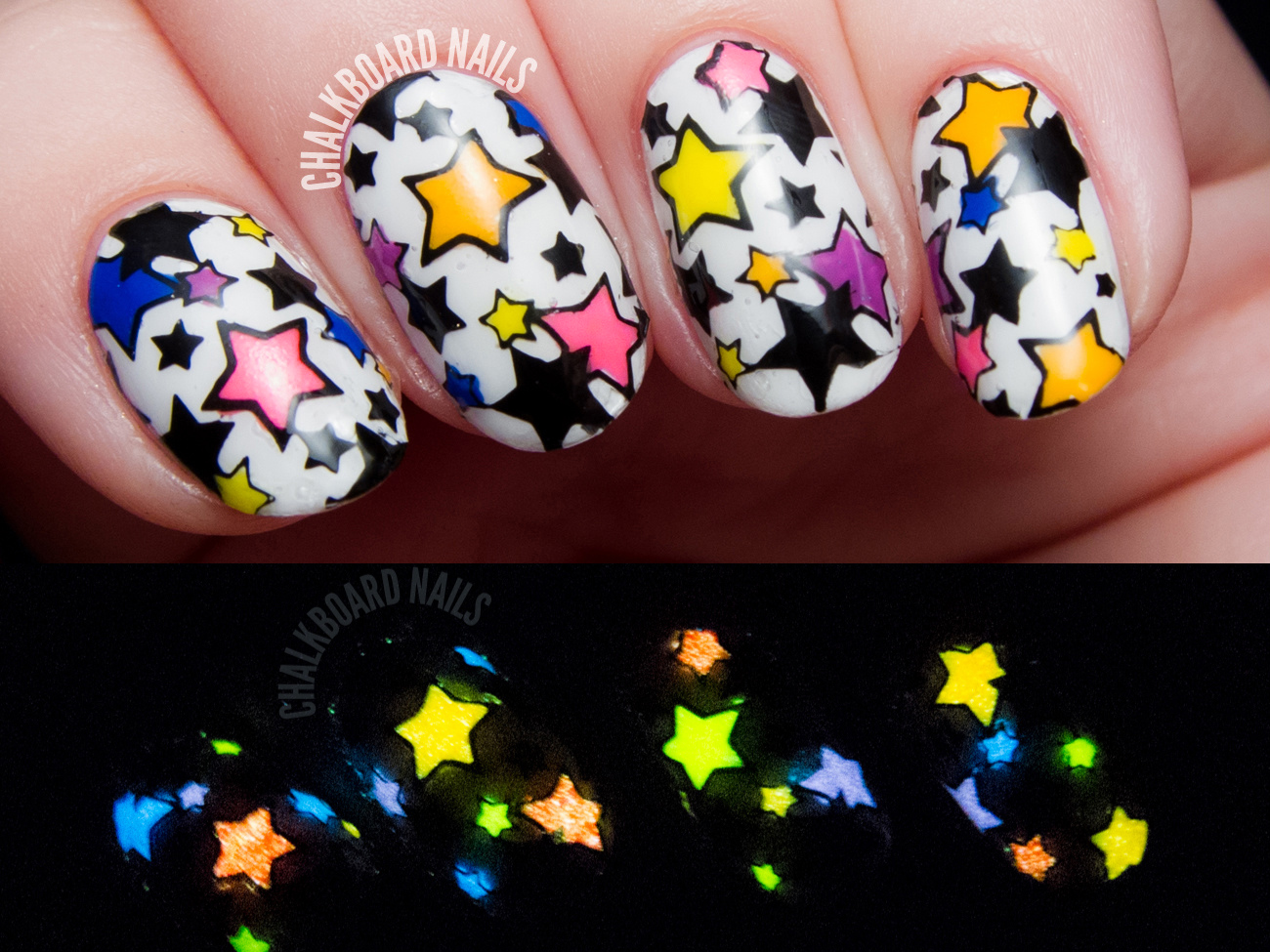 Glow in the dark star nail art by @chalkboardnails