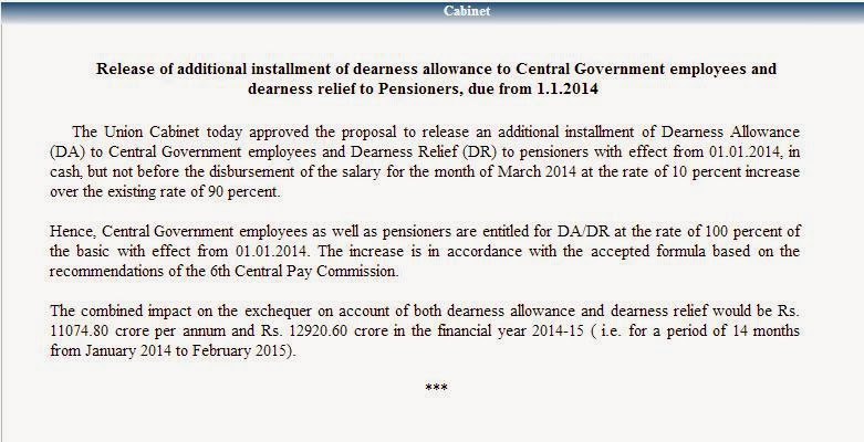 10 percent DA hiked for Central Government Employees from 1.1.2014 (Jan 2014) payable after 31.3.2014