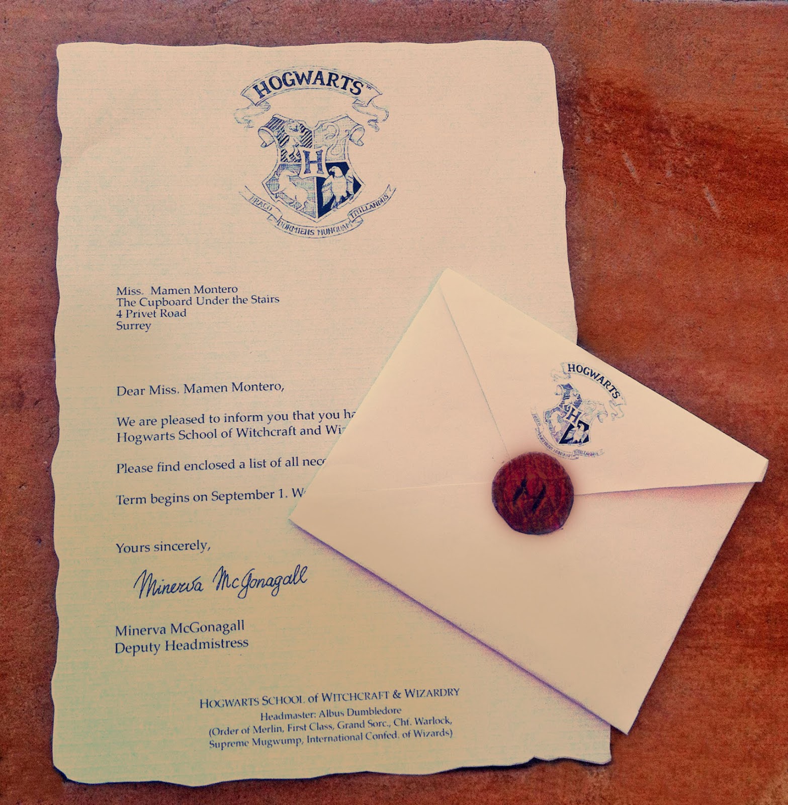 carta Hogwarts personalizada