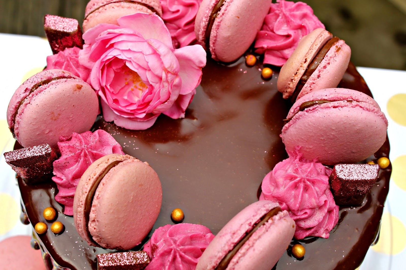 Pink Macaron Chocolate Ganache Drip Cake