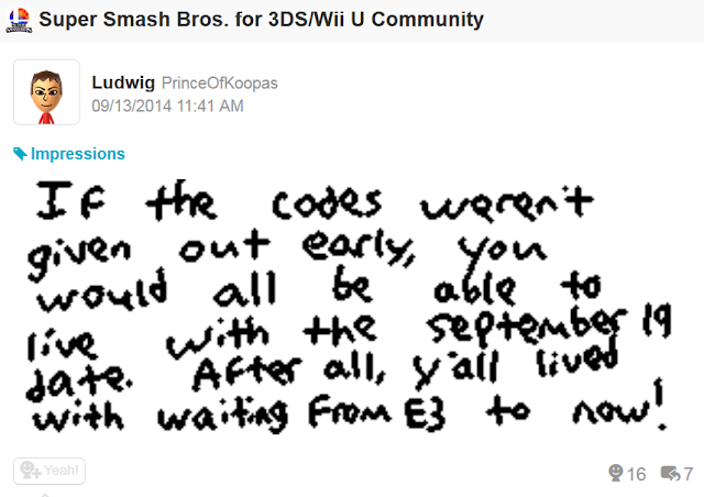 Miiverse Super Smash Bros. For 3DS demo code patience