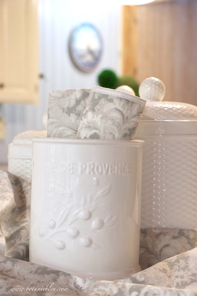 French Country Kitchen Summer to Fall White Canisters and Gray Linens
