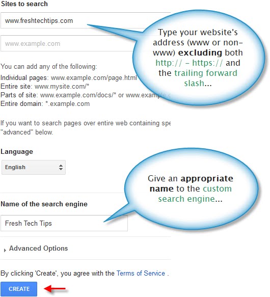 Google custom search engine creation process.