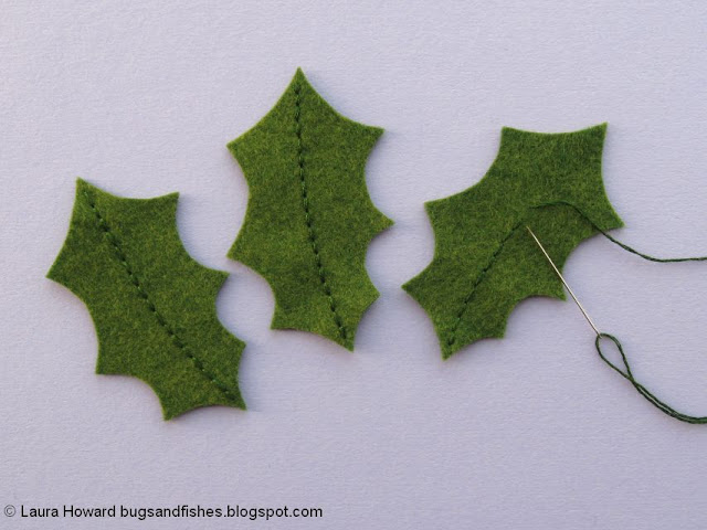 Felt Holly Wreath Tutorial for Winter or Christmas embroidering the holly leaves