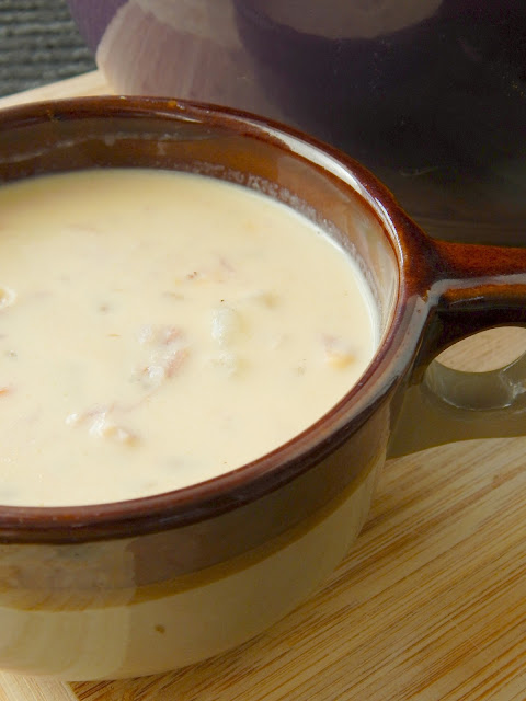 Cheesy Ham & Potato Soup...a warm, hearty bowl of comfort food!  Loaded with ham, potatoes, carrots and of course CHEESE! (sweetandsavoryfood.com)