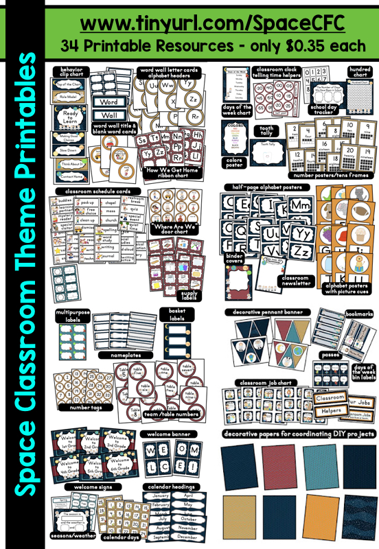 Are you planning a space themed classroom or thematic unit? This blog post provides great decoration tips and ideas for the best space theme yet! It has photos, ideas, supplies & printable classroom decor to will make set up easy and affordable. You can create a space theme on a budget!