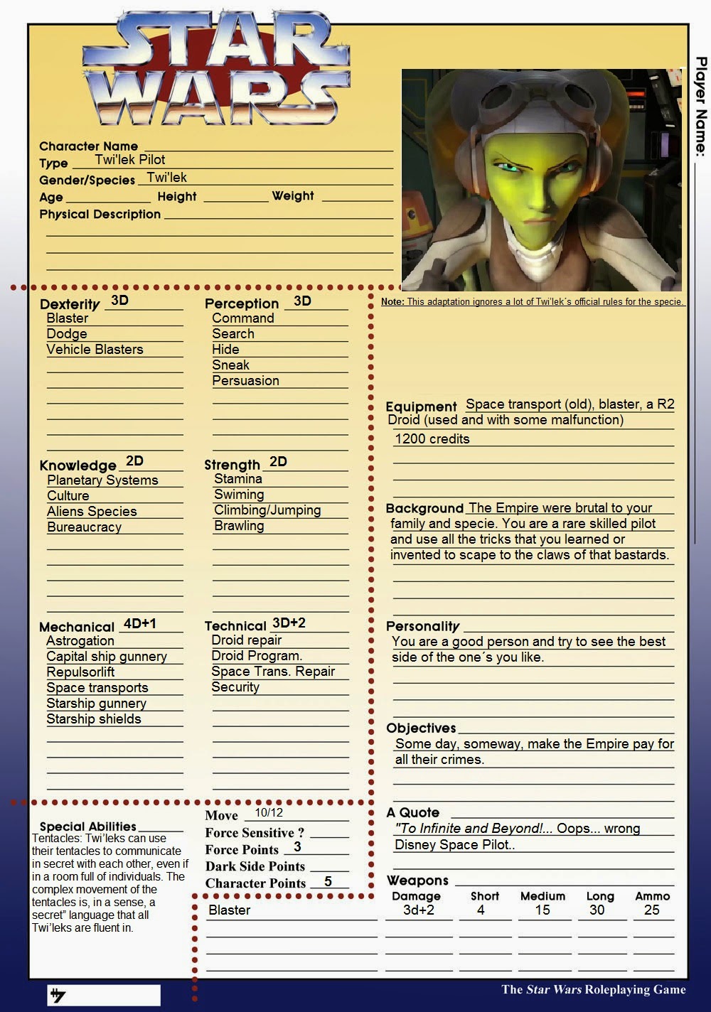 Star Wars D6 Character Generator Star Wars D6 Character Generator